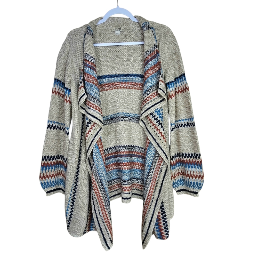 ONE WORLD Cream, Red, Blue Southwestern Inspired Striped Open Cardigan
